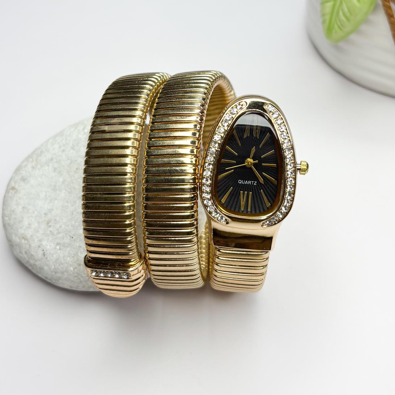 Serpenti Snake Watch Bracelet (Black Dial) With Stones In Strap - Double Layer