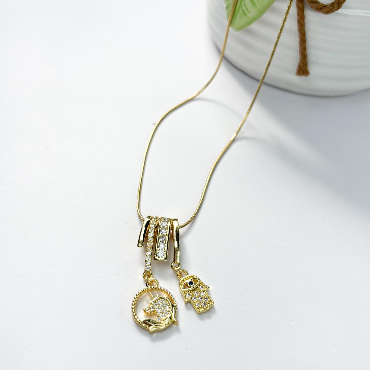 Unicorn and Hamsa Hand Charm Necklace
