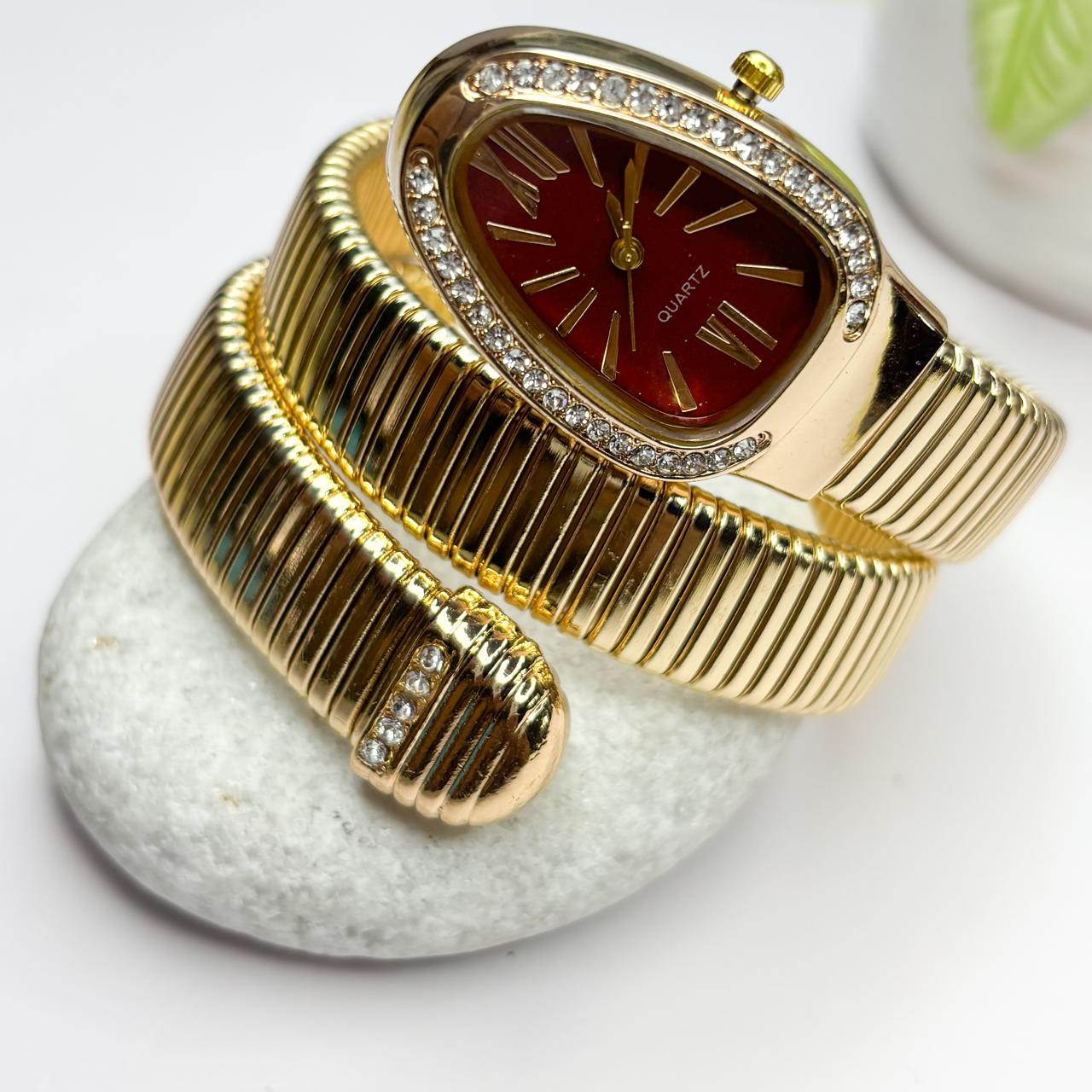 Serpenti Snake Watch Bracelet (Maroon Dial) With Stones In Strap - Double Layer