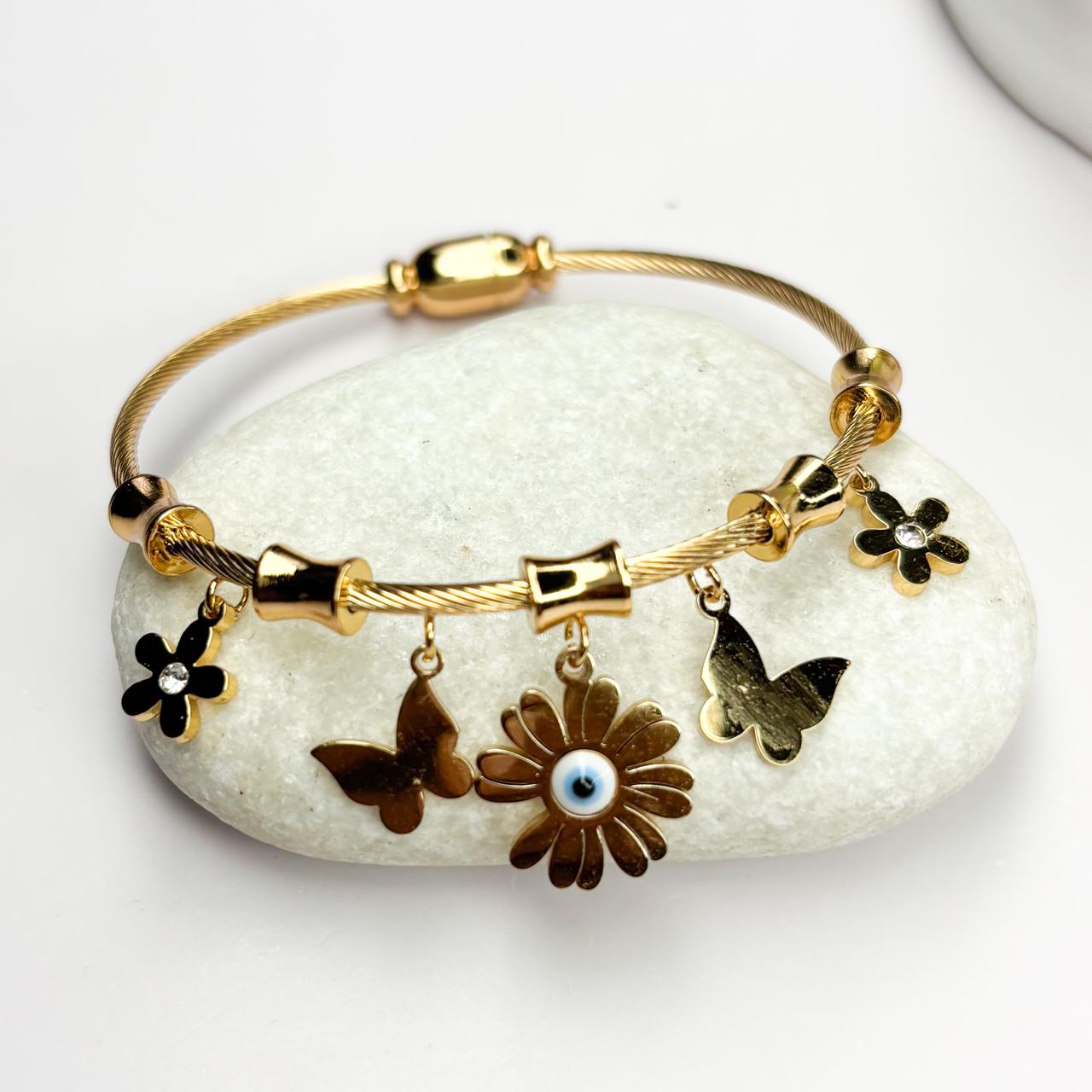 Daisy & Butterfly Charm Bangle Bracelet