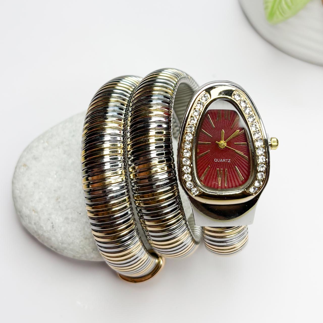 Serpenti Snake Watch Dual-Tone (Maroon Dial) - Double Layer