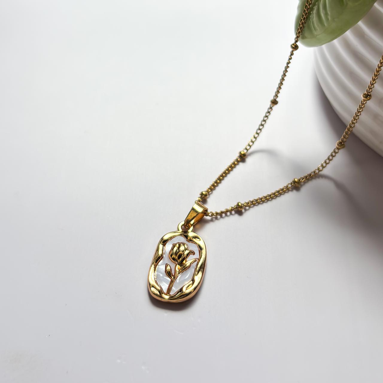 White Enamel Rose Necklace