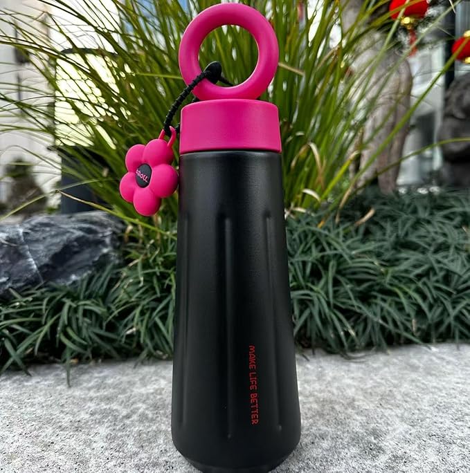 Black Pink Flower Water Bottle