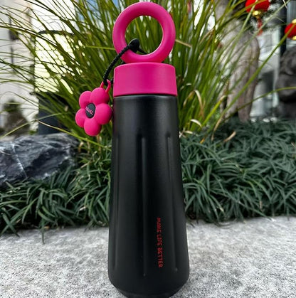 Black Pink Flower Water Bottle