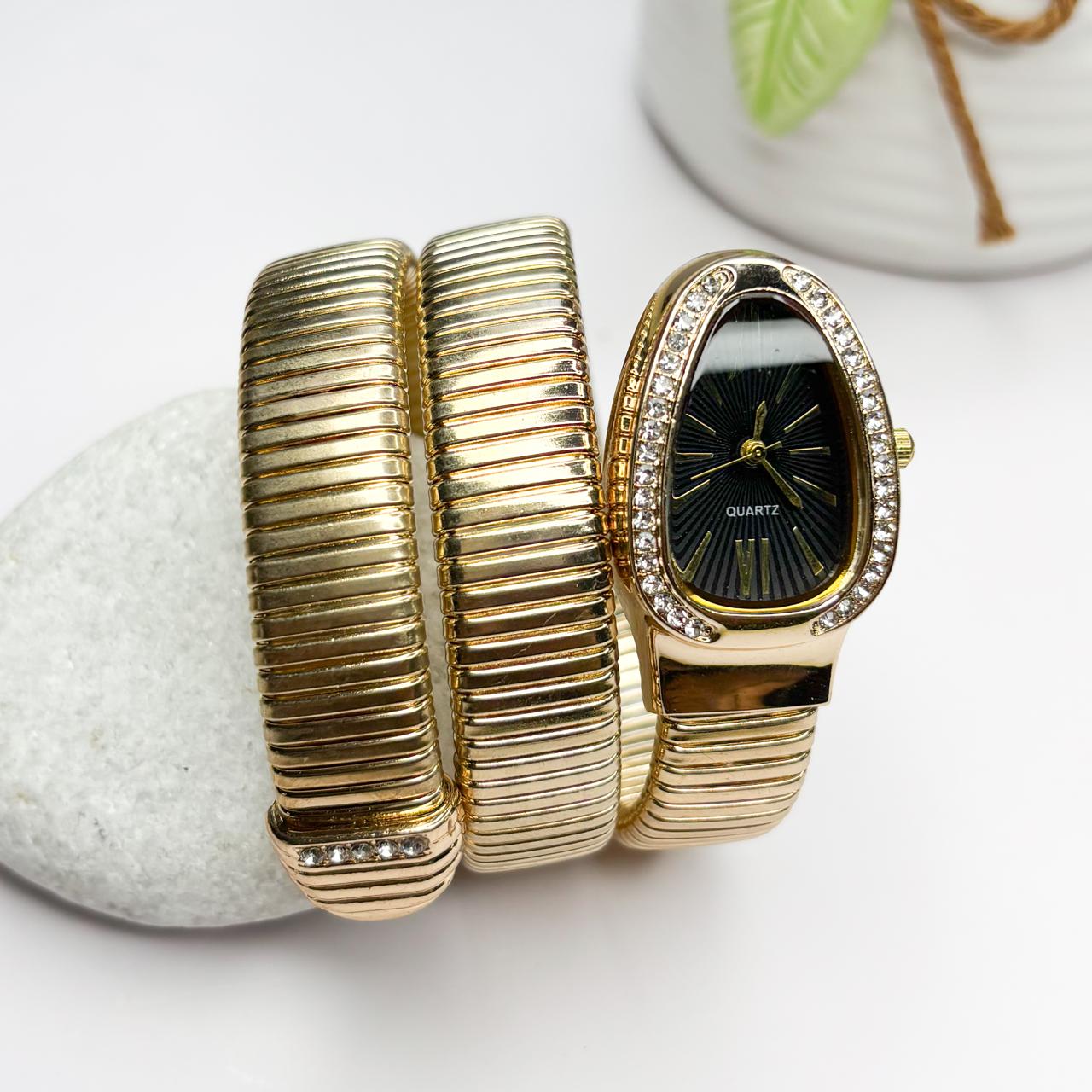 Serpenti Snake Watch Bracelet (Black Dial) With Stones In Strap - Double Layer