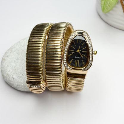 Serpenti Snake Watch Bracelet (Black Dial) With Stones In Strap - Double Layer