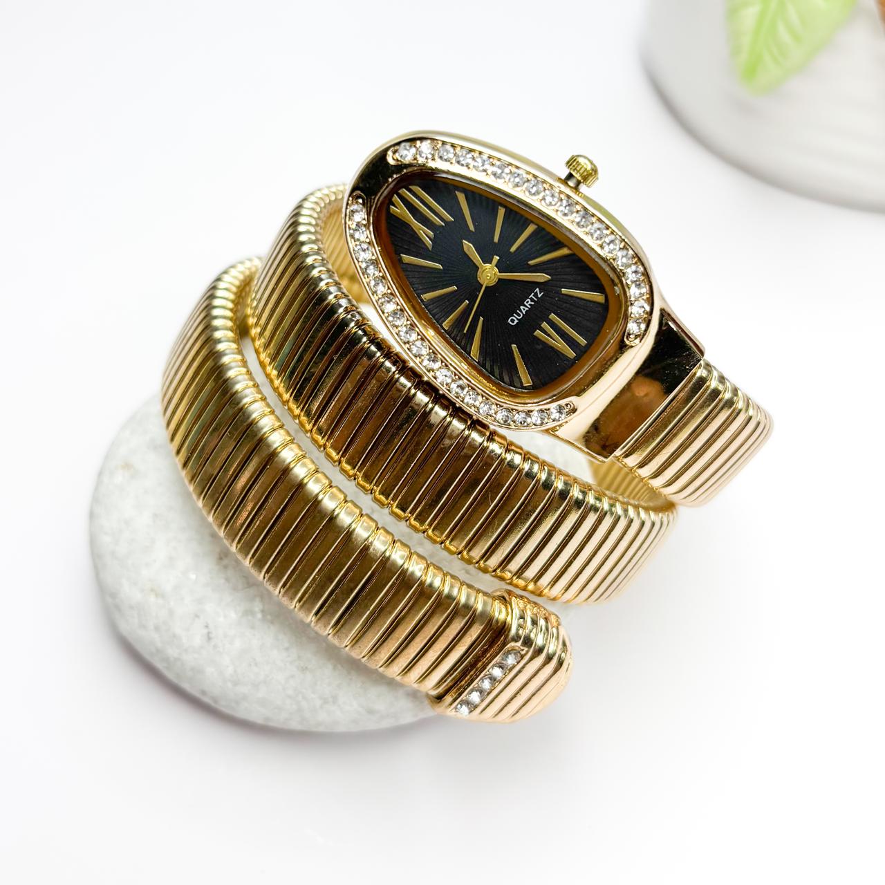 Serpenti Snake Watch Bracelet (Black Dial) With Stones In Strap - Double Layer