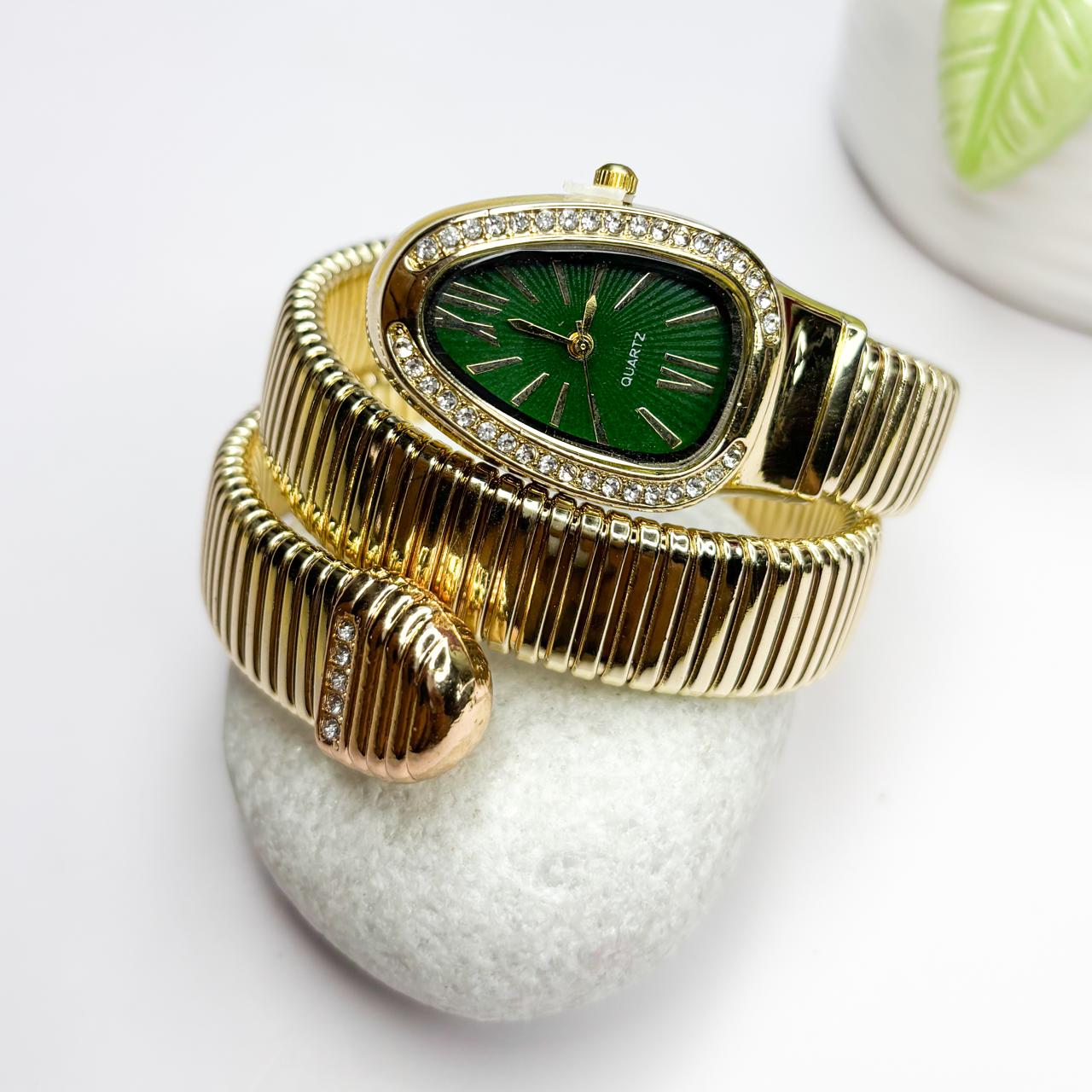 Serpenti Snake Watch Bracelet (Green Dial) With Stones In Strap - Double Layer