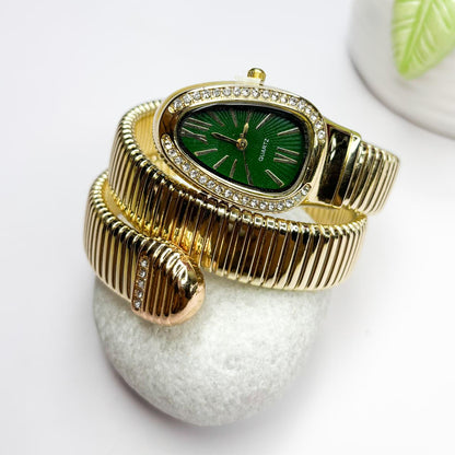 Serpenti Snake Watch Bracelet (Green Dial) With Stones In Strap - Double Layer