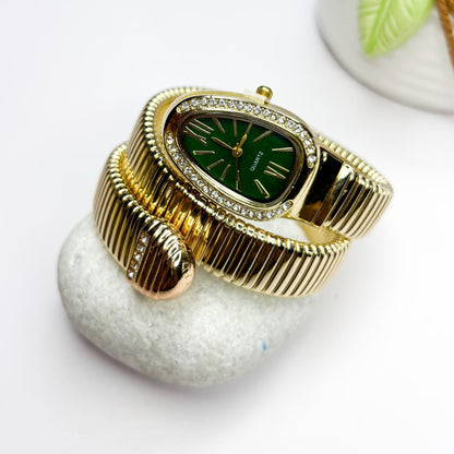Serpenti Snake Watch Bracelet (Green Dial) With Stones In Strap - Double Layer