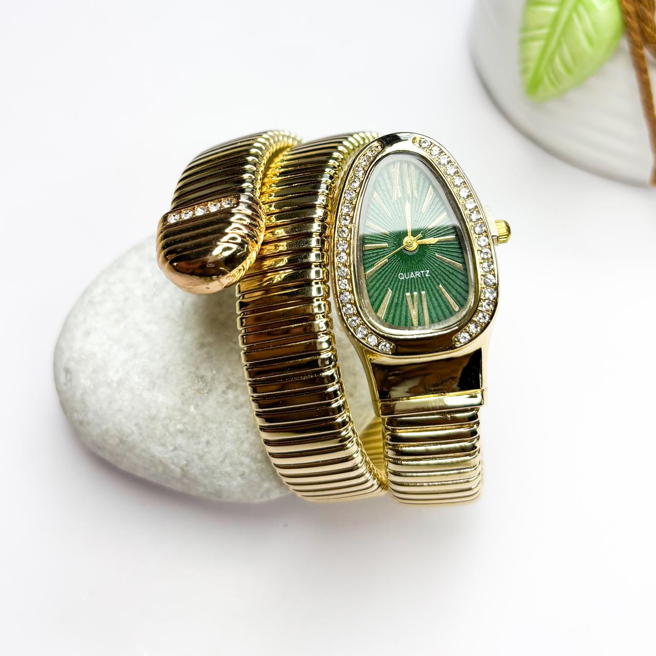 Serpenti Snake Watch Bracelet (Green Dial) With Stones In Strap - Double Layer