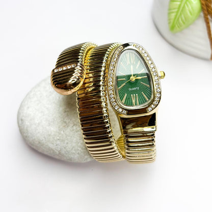 Serpenti Snake Watch Bracelet (Green Dial) With Stones In Strap - Double Layer