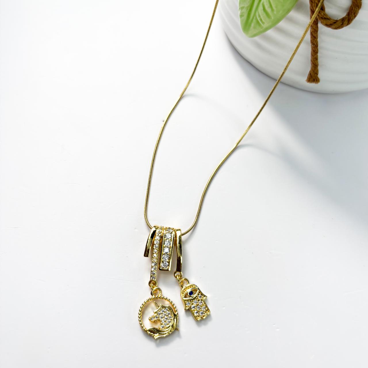 Unicorn and Hamsa Hand Charm Necklace
