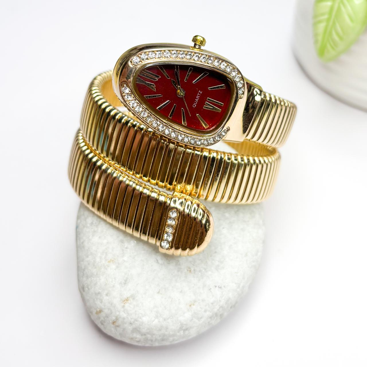 Serpenti Snake Watch Bracelet (Maroon Dial) With Stones In Strap - Double Layer