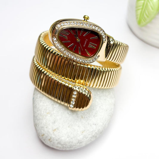 Serpenti Snake Watch Bracelet (Maroon Dial) With Stones In Strap - Double Layer