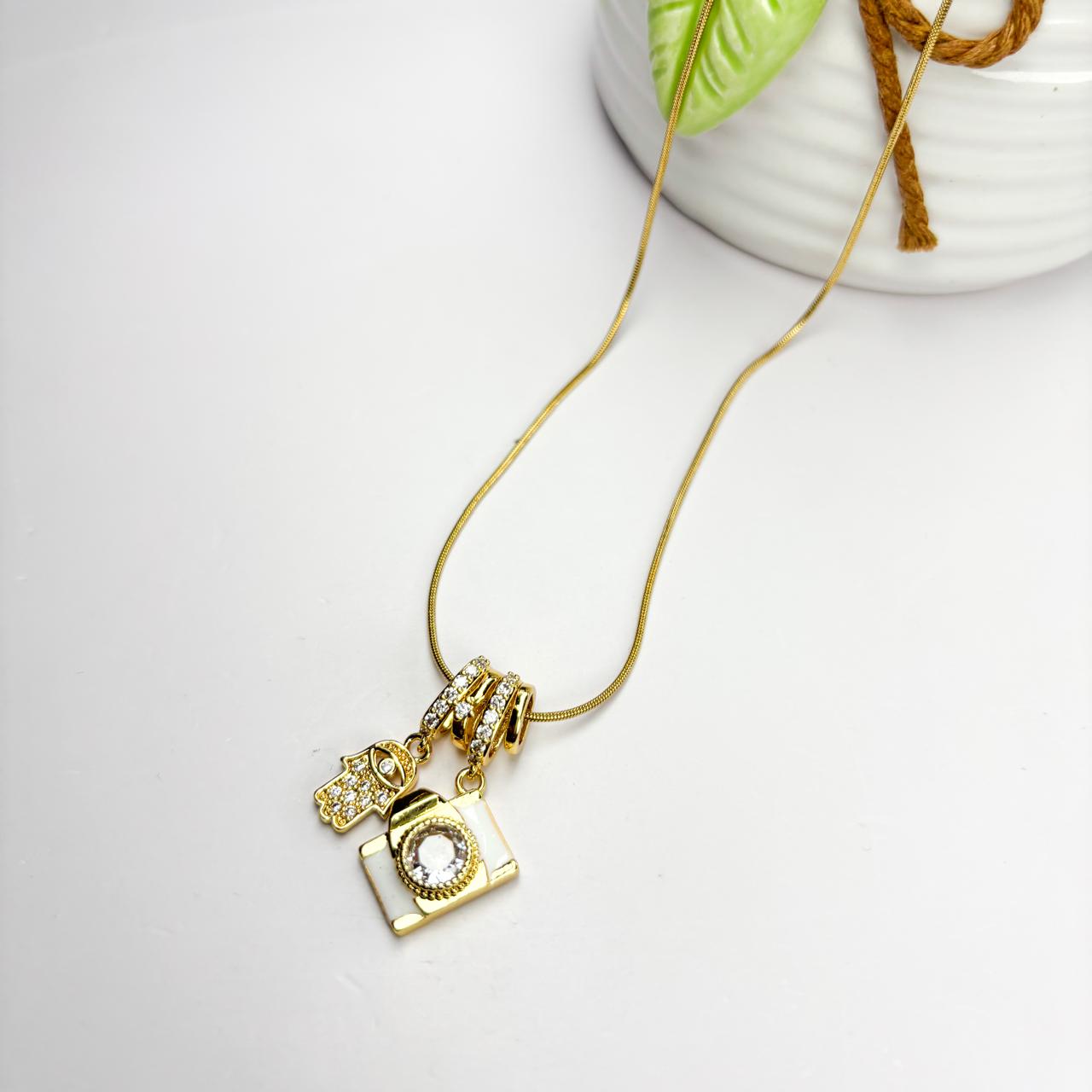 Hamsa Hand and Camera Charm Necklace