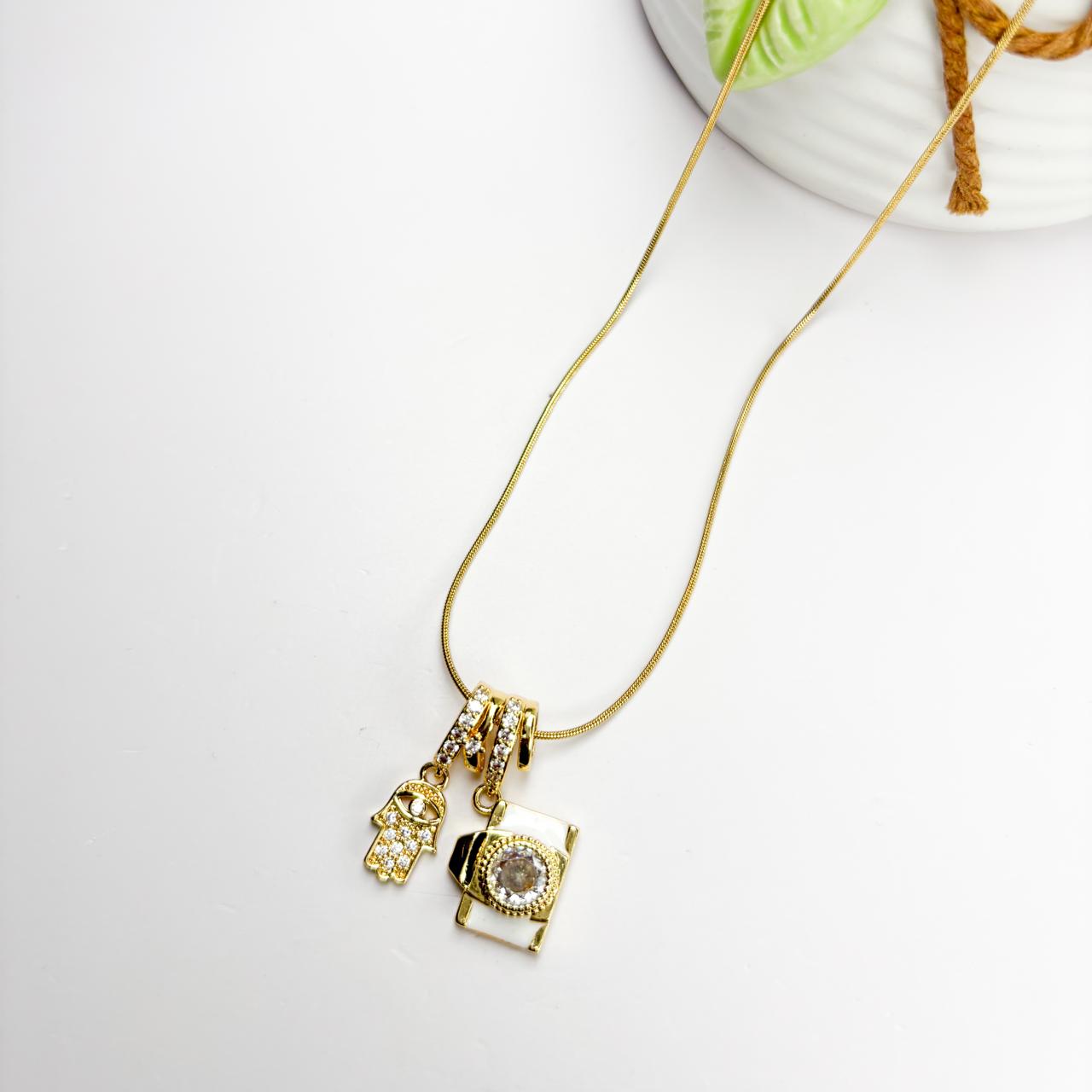 Hamsa Hand and Camera Charm Necklace