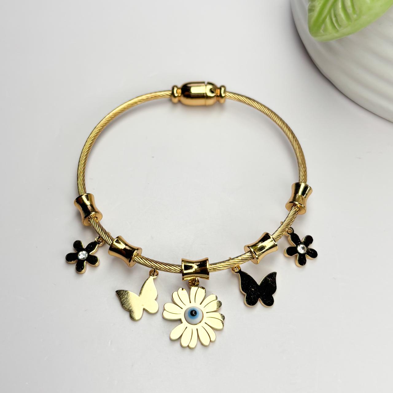 Daisy & Butterfly Charm Bangle Bracelet
