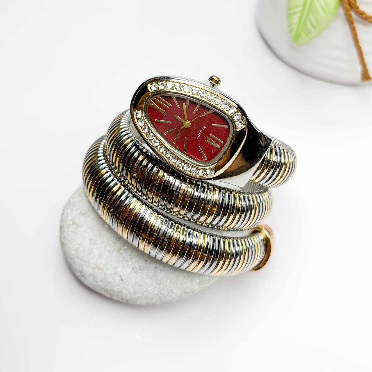 Serpenti Snake Watch Dual-Tone (Maroon Dial) - Double Layer