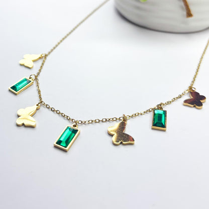 Emerald Stones & Butterflies Charms Necklace