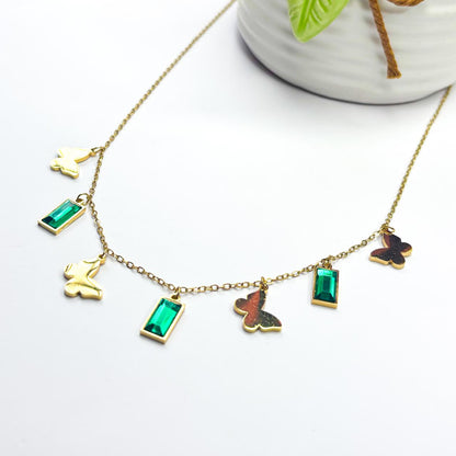 Emerald Stones & Butterflies Charms Necklace