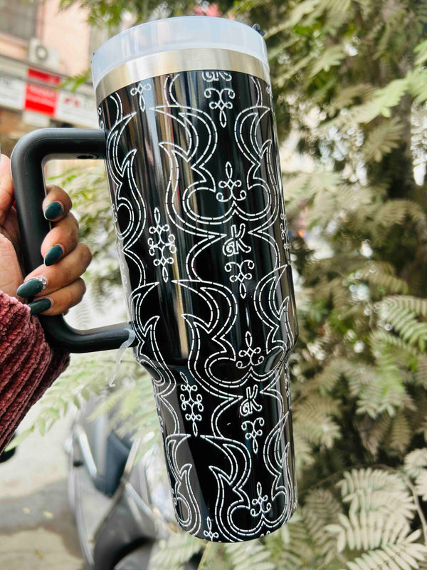 Black With White Print Stainless Steel Tumbler