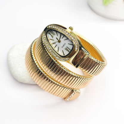 Serpenti Snake Watch Bracelet (White Dial) With Stones In Strap - Double Layer