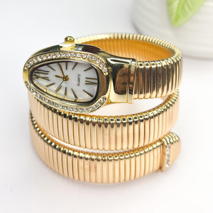 Serpenti Snake Watch Bracelet (White Dial) With Stones In Strap - Double Layer